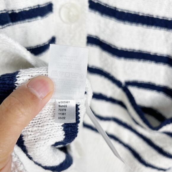 New LOFT S White Navy Blue Striped V Neck Pocket Long Cardigan Sweater Cotton - Picture 10 of 12